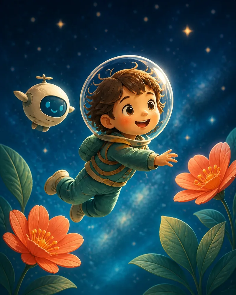 A child astronaut floating among giant flowers