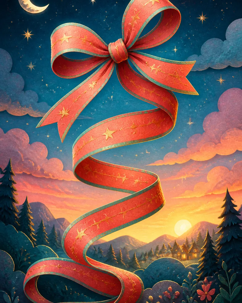 A giant red ribbon spiraling through the night sky